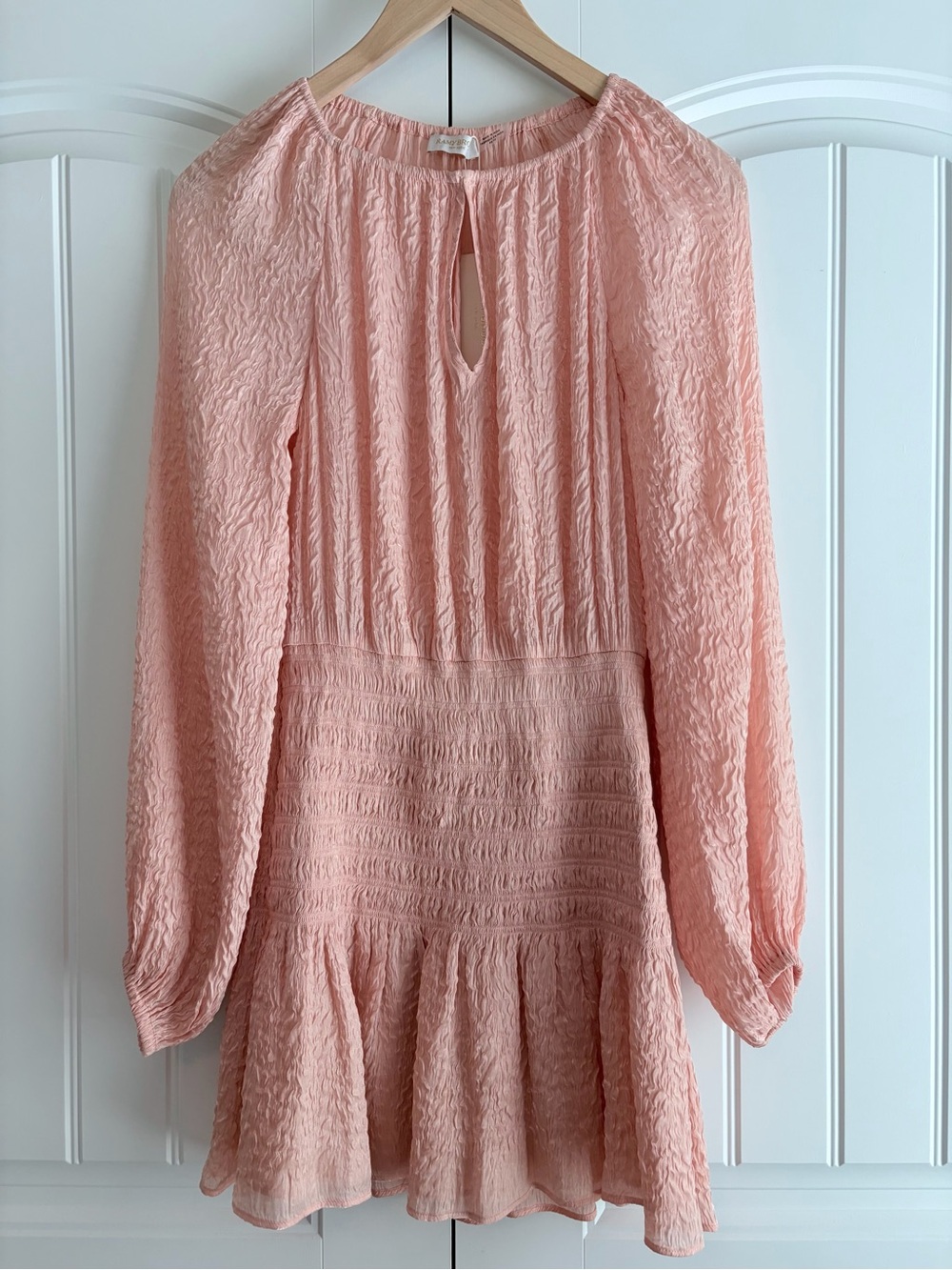 Ramy Brook NWT Bennett Mini Dress Peach Smocked Waist Keyhole Long Sleeve Sz XS